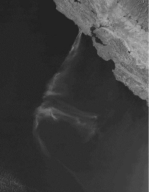 Satellite photo of smoke plume from the Pt. Reyes fire drifting out to sea